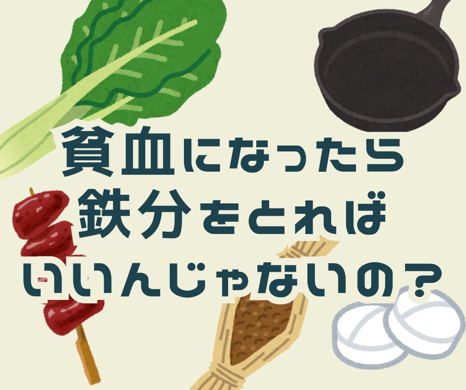 貧血になったら鉄分をとればよいのかを問いかけるイラスト。ほうれん草、鉄鍋、レバー、鉄剤など鉄分を連想させるモチーフが描かれている。